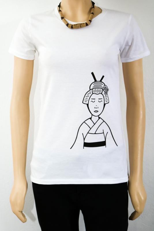 bioBaumwolle Shirt Rundhalsausschnitt nachhaltiger umweltfreundlicher Druck weiss Geisha