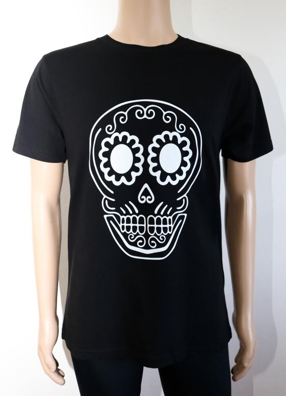 bioBaumwolle Shirt für Herren in schwarz Rundhalsausschnitt nachhaltiger umweltfreundlicher Druck Maske