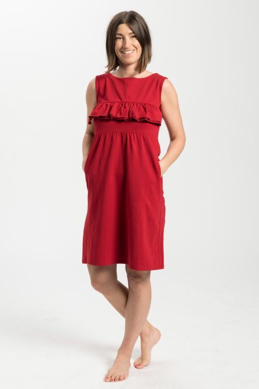 Das rote Stillkleidchen mit Volant kann casual und elegant getragen werden. Passend kombiniert ist es für jeden Anlass das perfekte Kleidungsstück für